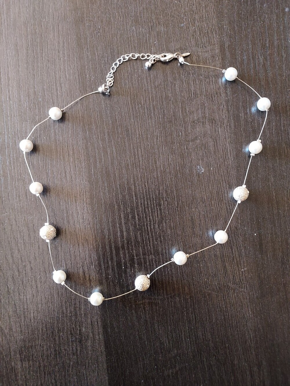 Elegant White Pearl and Silver Bead Station Necklace
